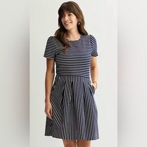 Draper James Navy Blue & White Stripe Fit & Flare Dress w/Pockets Sz L NWT